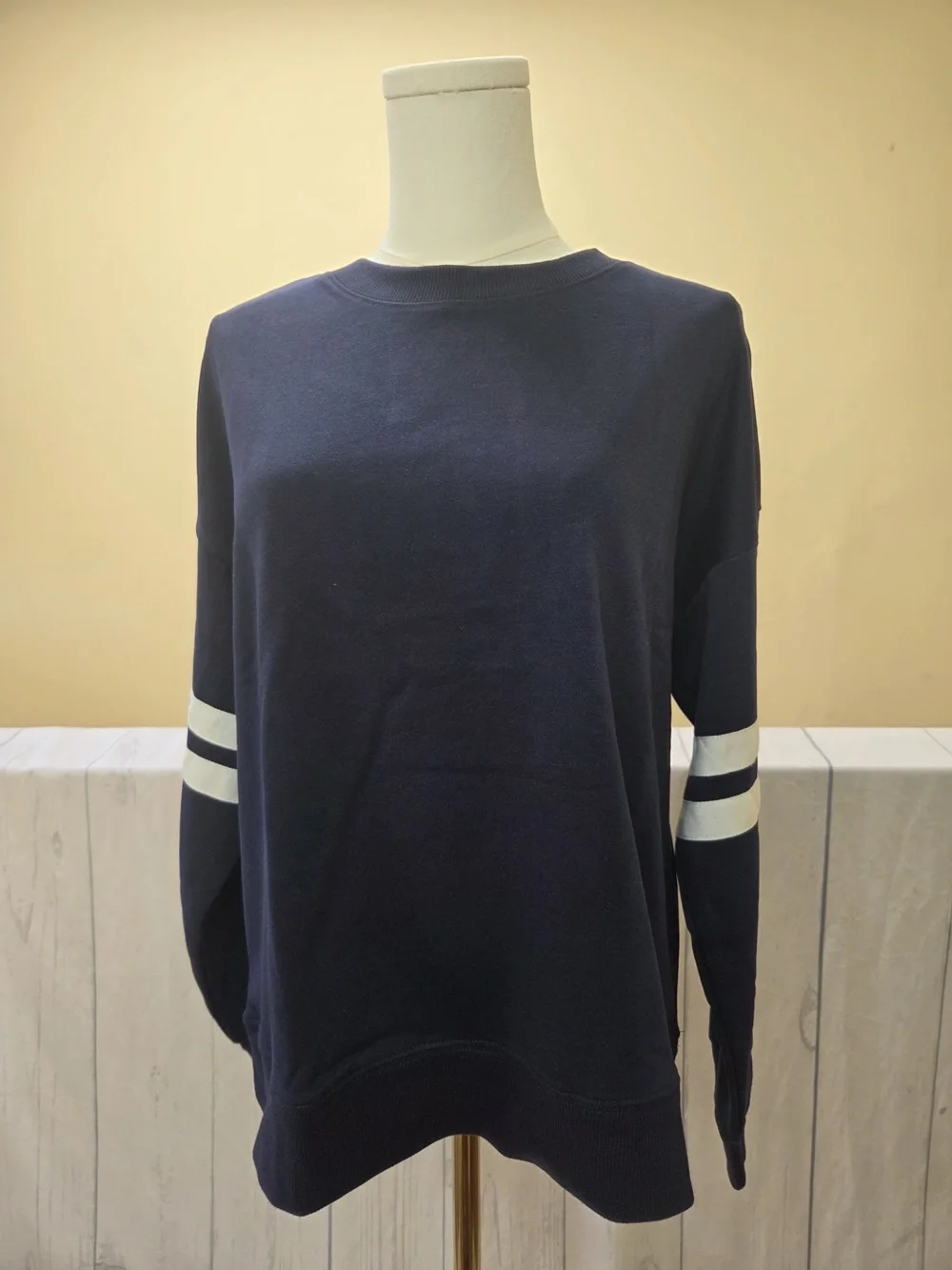 Navy Blue Preppy Striped Sleeve Loose Sweatshirt